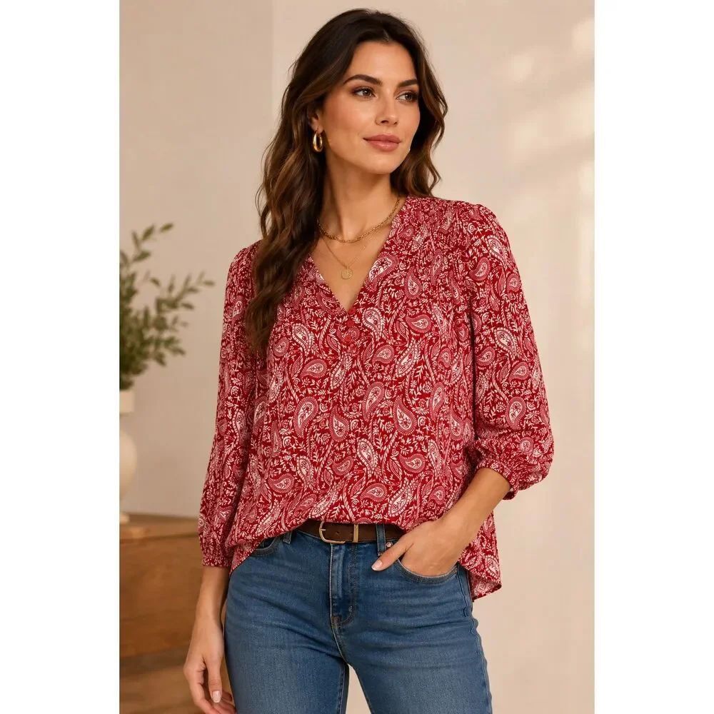 LizβClaiborne Red White Paisley Print Rayon Peasant Blouse Womens Medium